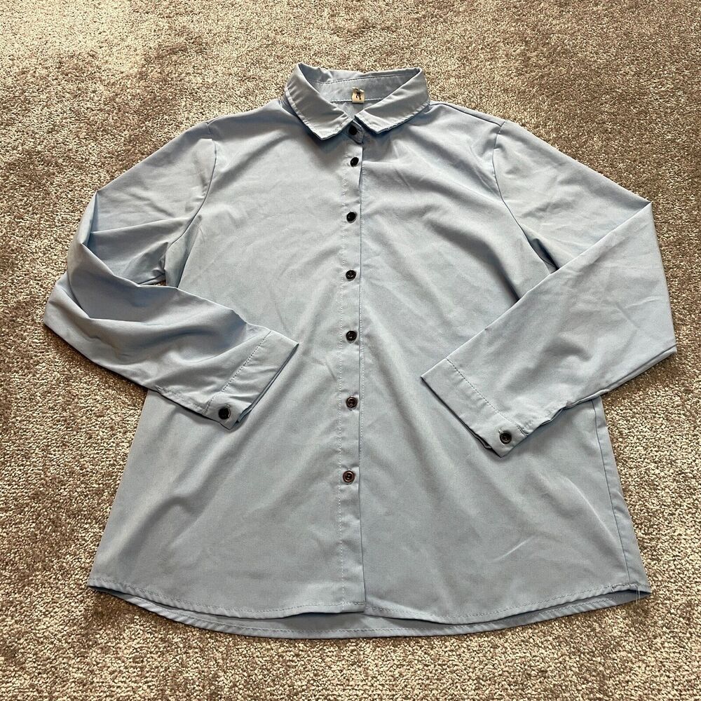 Chinese Brand Button Up Shirt Blouse Wopmens XL Light Blue Collared Long Sleeve